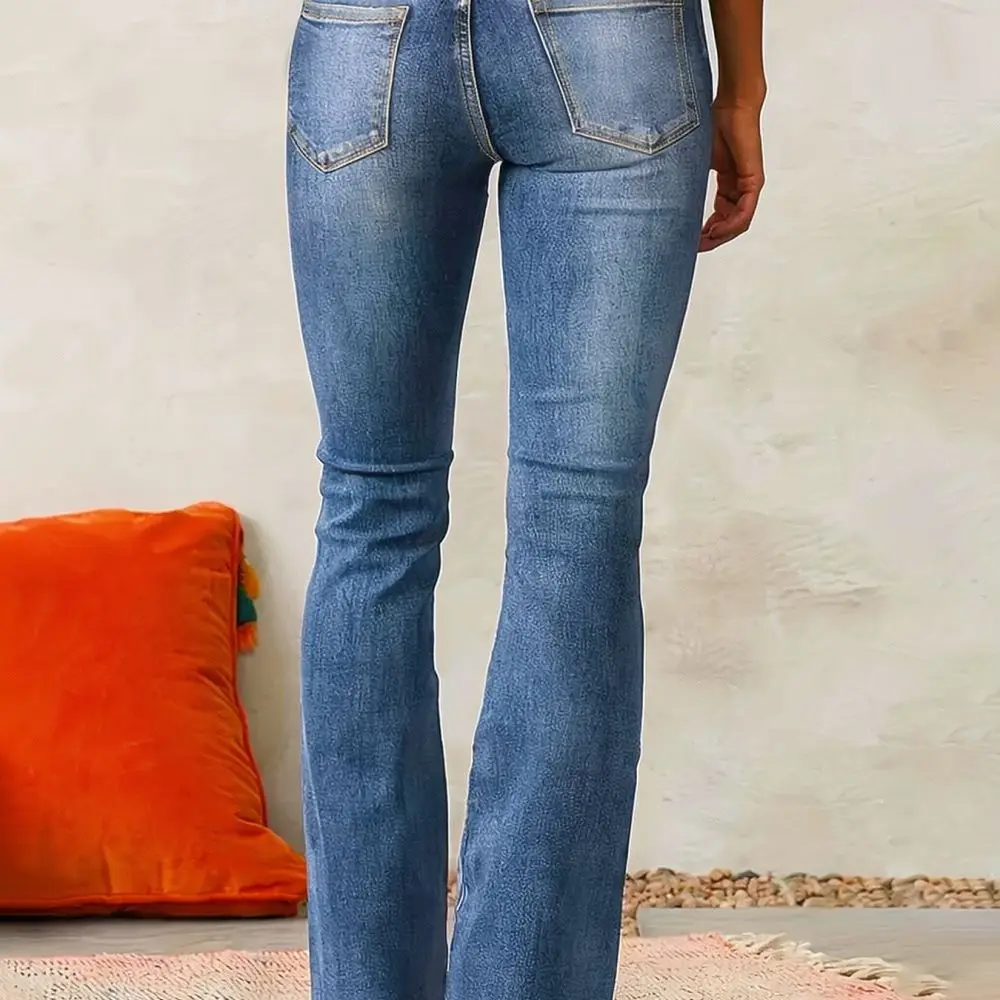 Womens Vintage Washed Flare Denim Pants Elastic Slim Fit Trousers Casual Streetwear Spring Fashion Bottoms Wear