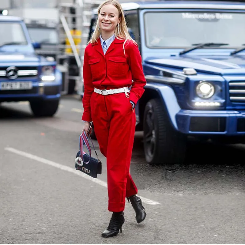 

Homemade American casual Red Cotton Street Style Jumpsuit Long Sleeve Trousers Multi Pocket Shirt Collar Cargo Pants