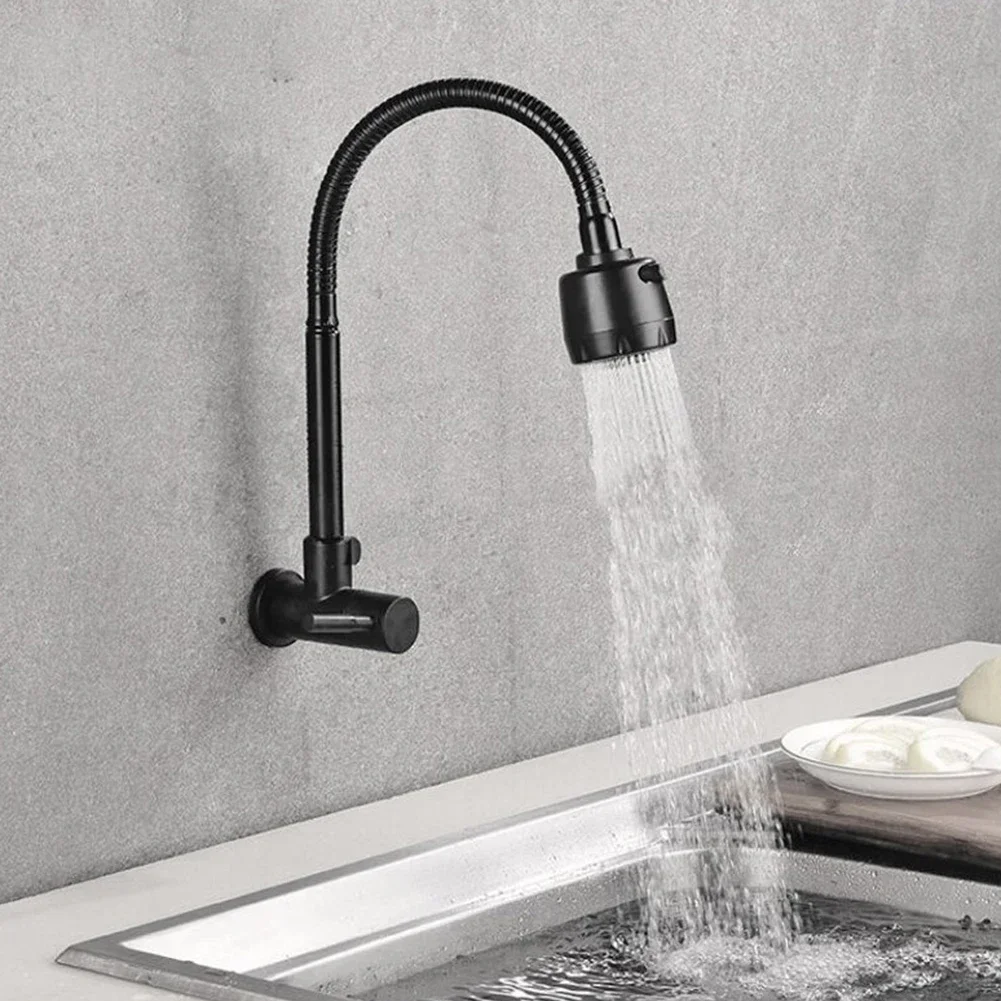 

Two Modes Kitchen Faucet Cold Water Zinc Alloy G1/2 Thread Black Wall Mounted Sink