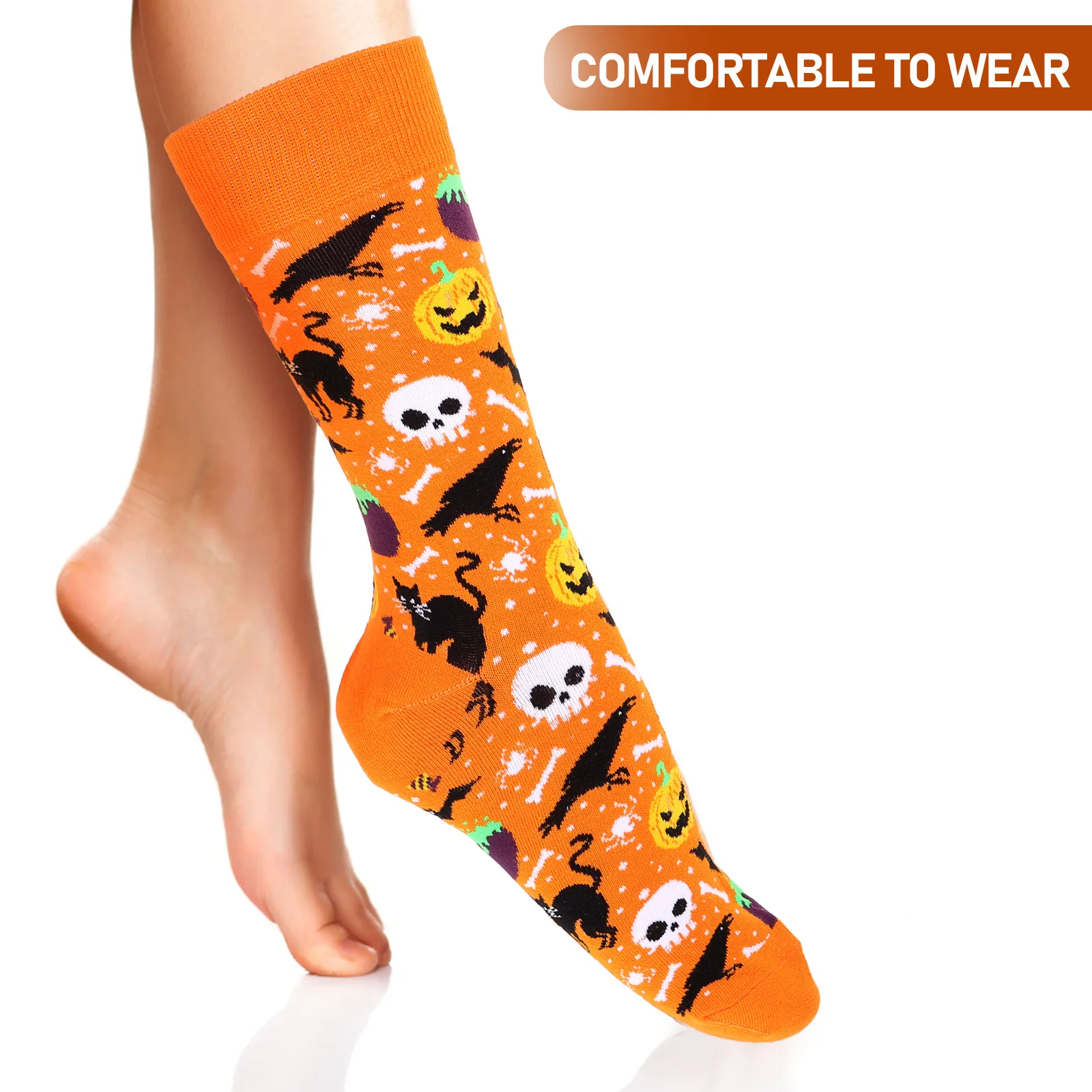 2 쌍 여성용 하이 양말 할로윈 패턴이있는 긴 스타킹 일일 파티 착용을위한 통기성 부드러운 패브릭 양말 남여 선물 아이디어