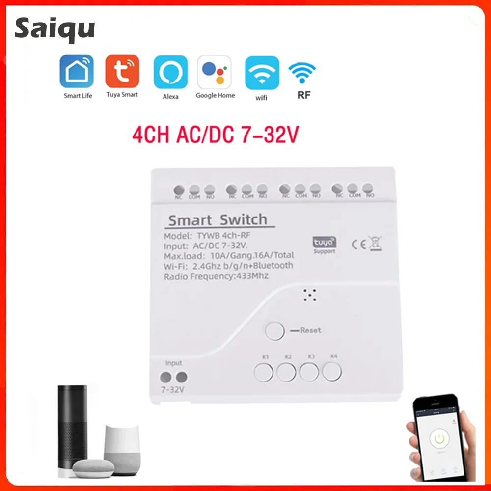 

4CH Tuya Smart Switch 220V WiFi Automation Module 12V 24V 85-250V RF433MHZ Receiver Alexa 10A Relay Smart Remote Control