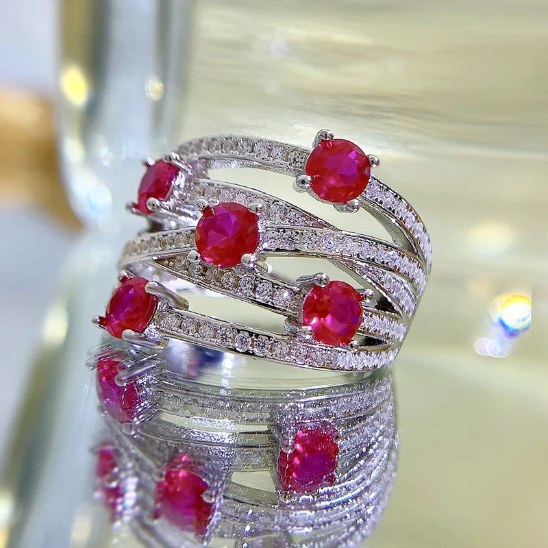 Xiaoyan's new 100% s925 silver light luxury ruby ring exquisite jewelry geometric ring anniversary commemorative gift