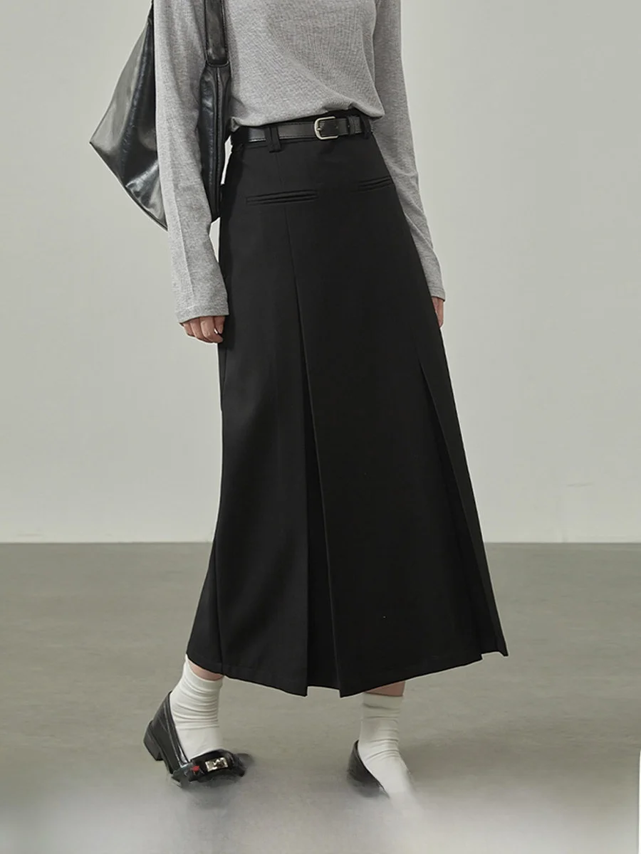 Elegant Black U-Quality Cotton Autumnal Halter Neck  Dress Women's High Waist Suit Skirt Korean Style Pleated A-Line Skirt