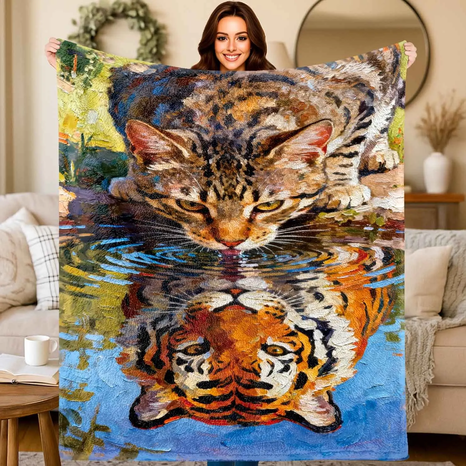

Cat Drinking Water and the Tiger Flannel printed blanket suitable for all seasons suitable for living room office sofa travel