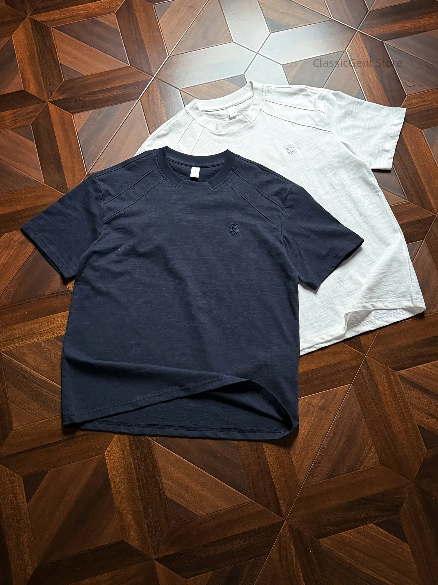 Rotator sleeve invisible splicing modified shoulder line 8.1oz bamboo cotton short-sleeved T-shirt, minimalist and premium