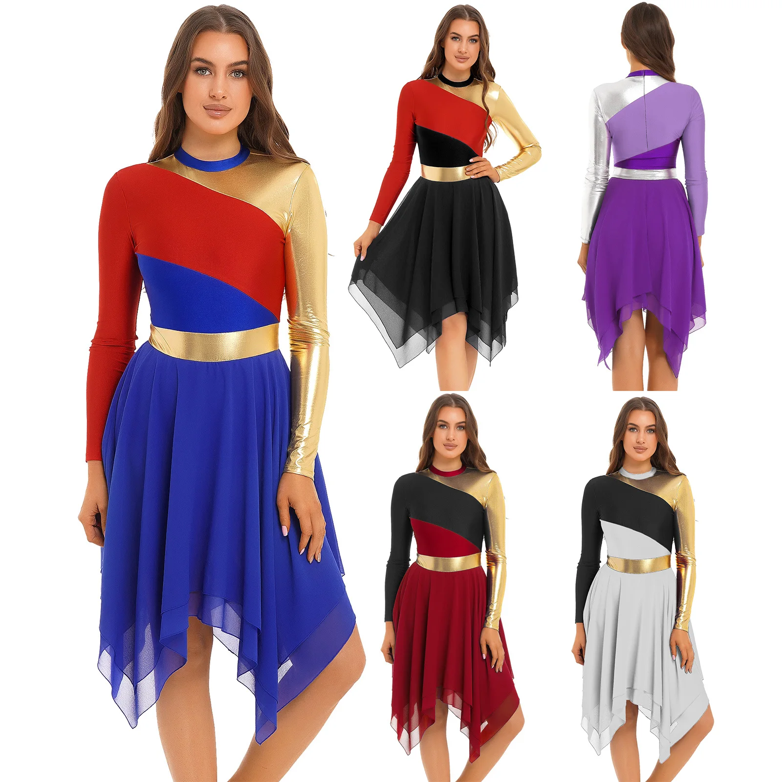 Frauen Farbe Block Lyrical Kleid Tunika Ballsaal Dancewear Langarm Unregelmäßigen Saum Trikot Moderne Zeitgenössische Dance Leistung