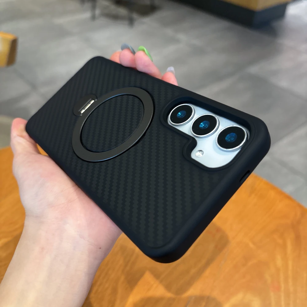 Carbon Fiber Texture Case For Samsung Galaxy S26 Ultra S25 S24 Plus Wireless Charging Magnetic Ring Holder Cover