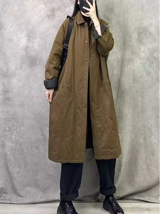 

Женское хлопковое платье в стиле ретро, повседневное пальто средней длины, теплая осенне-зимняя верхняя одежда, милый свободный крой с воротником