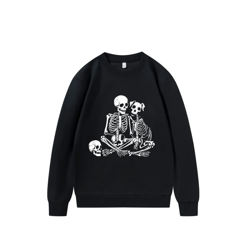 سويت شيرت رجالي هيكل عظمي وجماجم على بلوفر أسود برقبة دائرية ملابس مريحة على الطراز القوطي للهالوين في عام 2025