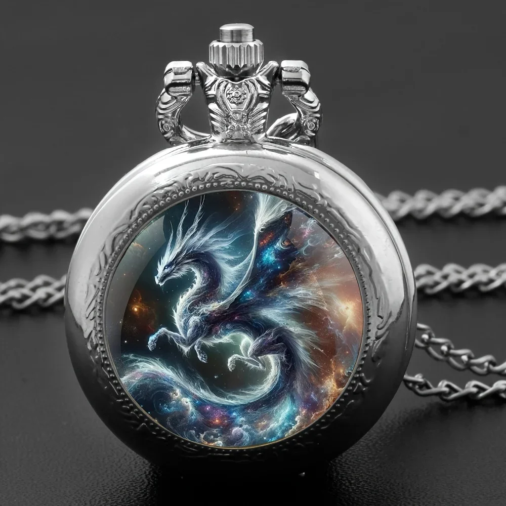 1pc Retro Creative Dragon Quartz Pocket Watch, Cool Silvery Necklace Pocket Watch, Gift Accessories