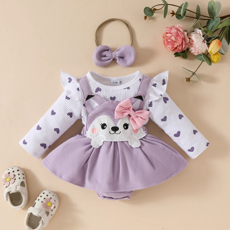 Baby Girls Christmas Clothes Cartoon Embroidered 3D Bow Romper Dress Long Sleeve Skirt Hem Bodysuits Headband 2Pcs Sets Outfit