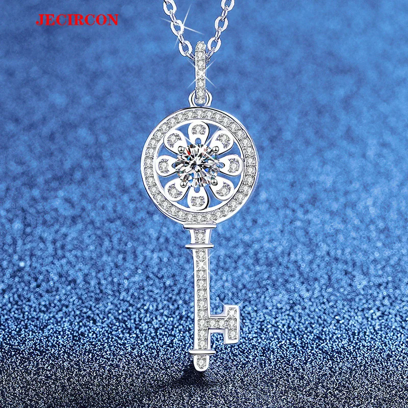 

JECIRCON S925 Sterling Silver Necklace, 0.5CT Moissanite Sunflower Key Pendant, Popular European and American Party Fine Jewelry
