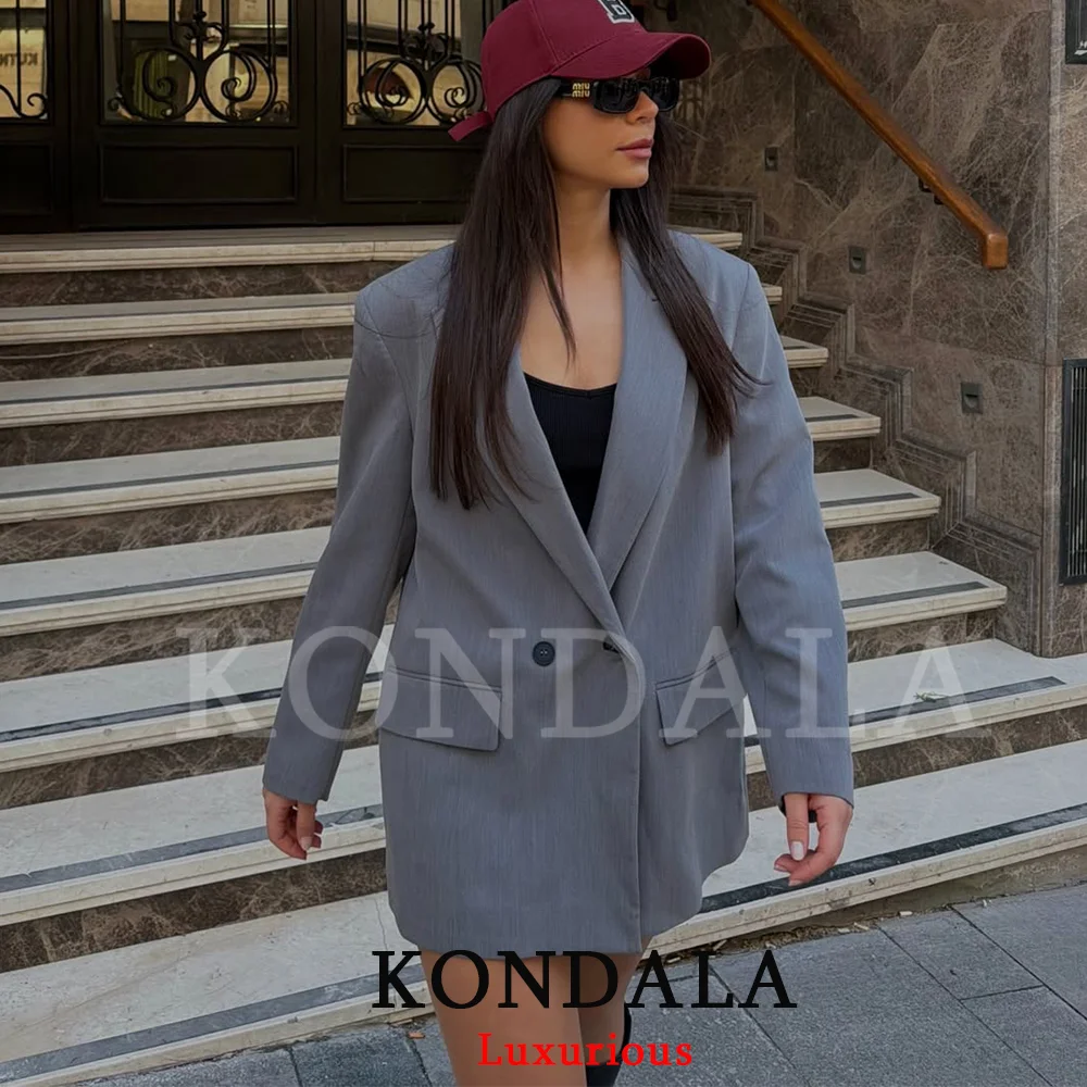 

Женский блейзер KONDALA Office Lady Chic, серый, с V-образным вырезом, карманами, длинными рукавами, оверсайз, модный, весна-лето 2026, элегантная верхняя одежда