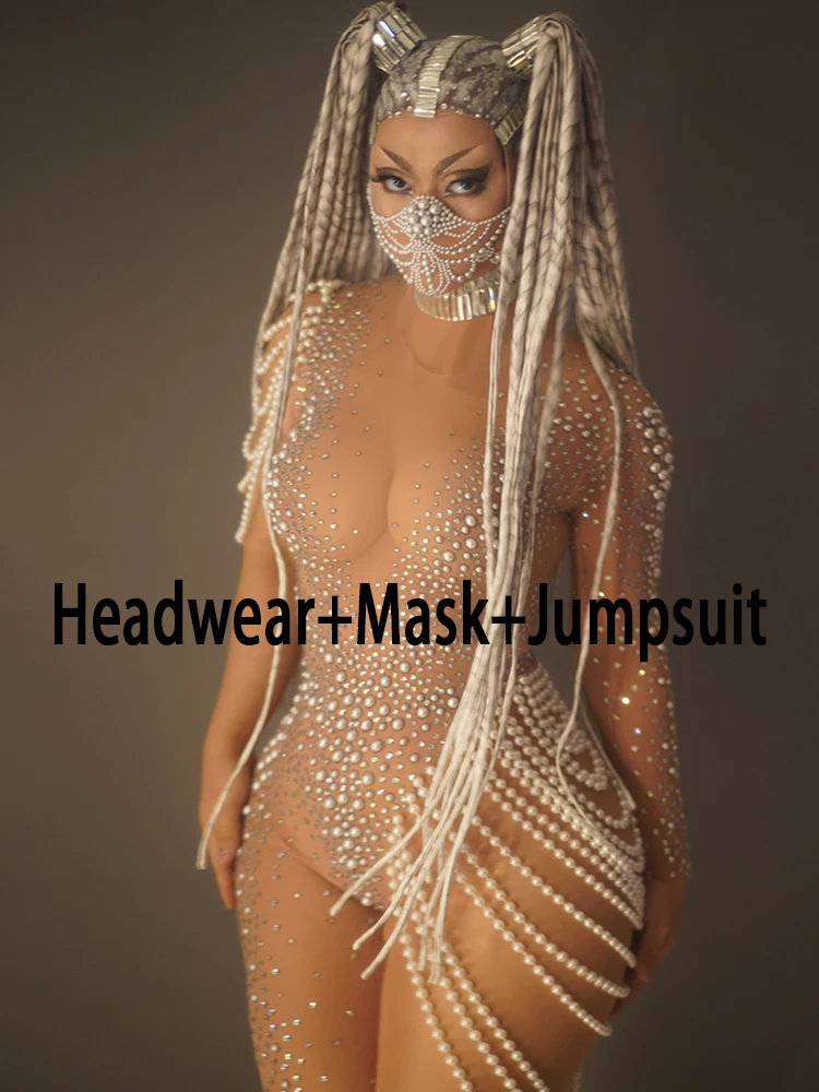 

Crystal Long Hair Headwear peal jumpsuit and mask set team gogo club Party Headdress Dancer Stage drag queen festival outfit