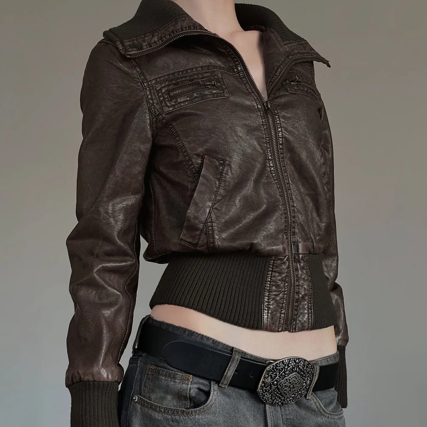 American Style Slim Fit Zipper Collar Pure Color Leather Patchwork Jacket Street Simple Workwear Style Hot Girl Coat For Women