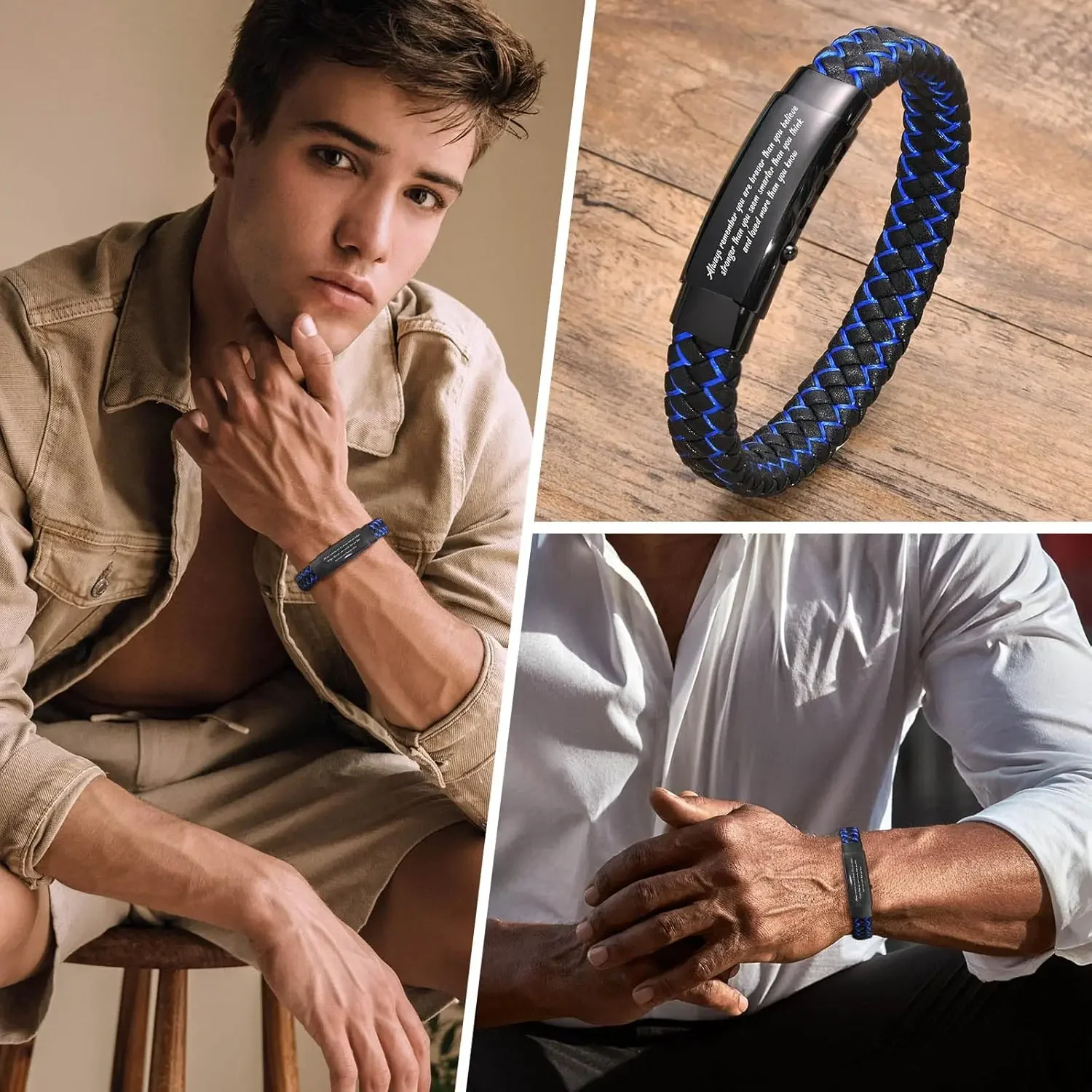 Inspirational Mantra Engarved Handmade Blue Braided Leather Adjustable Cuff Bangle Bracelet Encourage Motivational Gift for Men