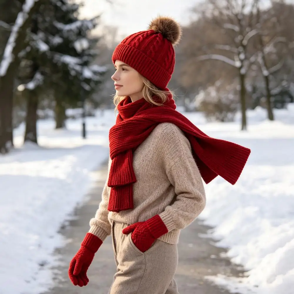 Winter Warm Knit Hat Scarf Glove Sets Winter Hat Scarf Gloves Set Knitted Pom Pom Thermal Touchscreen for Men for Commute