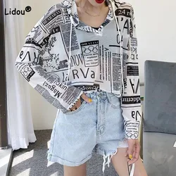 Korean Chic Female Hollow Out Backless Thin Sunscreen Clothing Y2k Summer Casual Loose Hoodies Printed T-shirt Women's Clothing