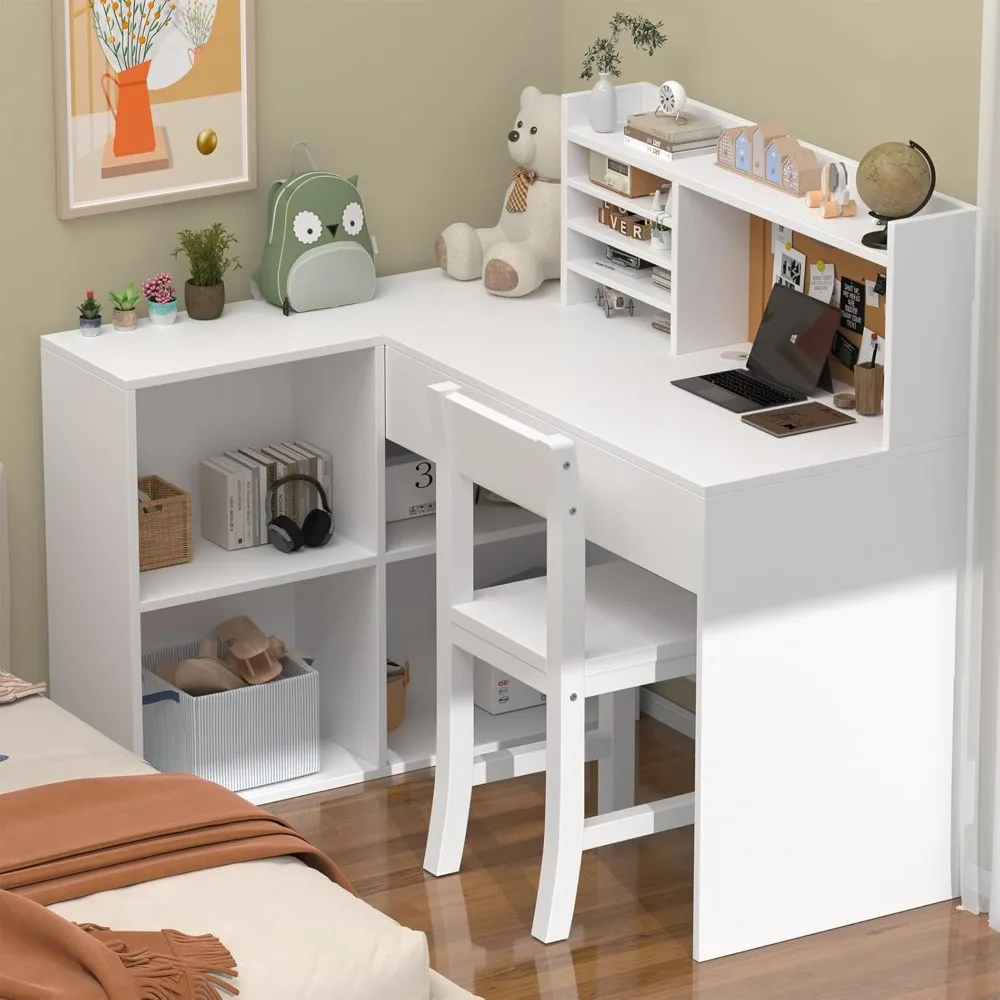 Kids Study Desk and Chair Set with Drawers and Shelves,KidsDesk with Bulletin Board, 41in*31in White Kids Desk