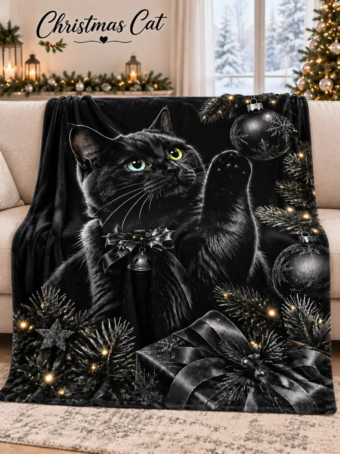 Christmas Flannel Throws & Blankets Cat Ornaments Stars Ribbon Illustration for Sofa Bed Couch Bedroom Living Room Reading Nook Office Lounge Apartment Dorm Camper Nap Guestroom Cabin Home Decor Gifts Pet Lovers Thanksgiving Birthday Anniversary