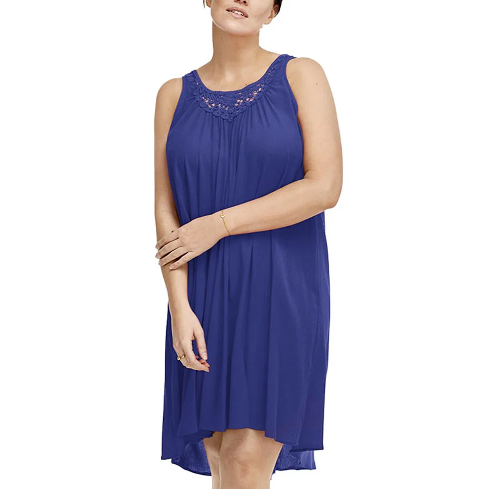 Casual Plus Size Dresses For Women 2023 Summer Loose A-line Basic Knitted Midi Tank Dress Sex Lace Patchwork Sundress Big Size