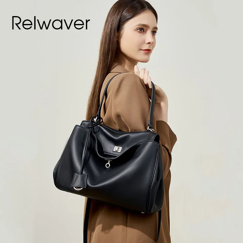 

Relwaver women shoulder bag cowhide split leather messenger bag 2024 winter black big capacity tote bag commuting ladies handbag