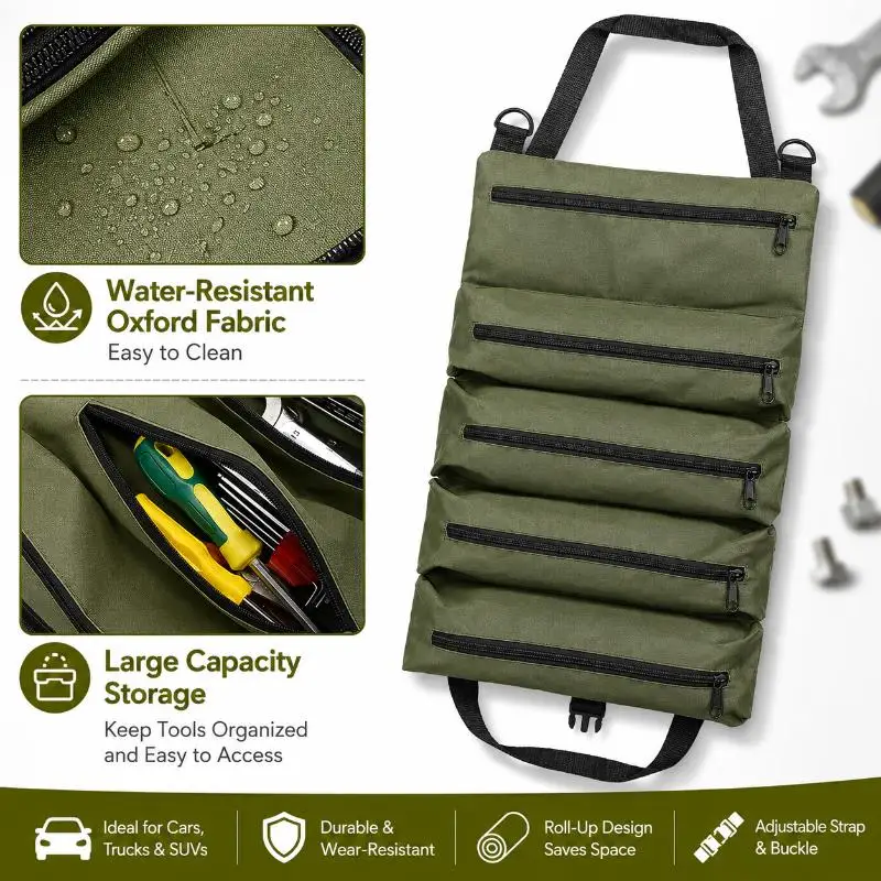Heavy Duty Roll Up Tool Bag, Oxford Fabric Multi Tool Organizer For Mechanics Electricians Carpenters, Garage Storage