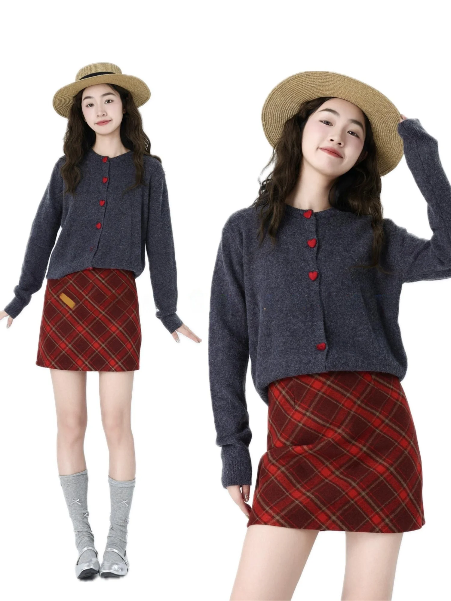 

Милый вязаный свитер с круглым вырезом и пуговицами, с узором в виде красных сердец, базовый слой для девочек, коллекция осень 2024