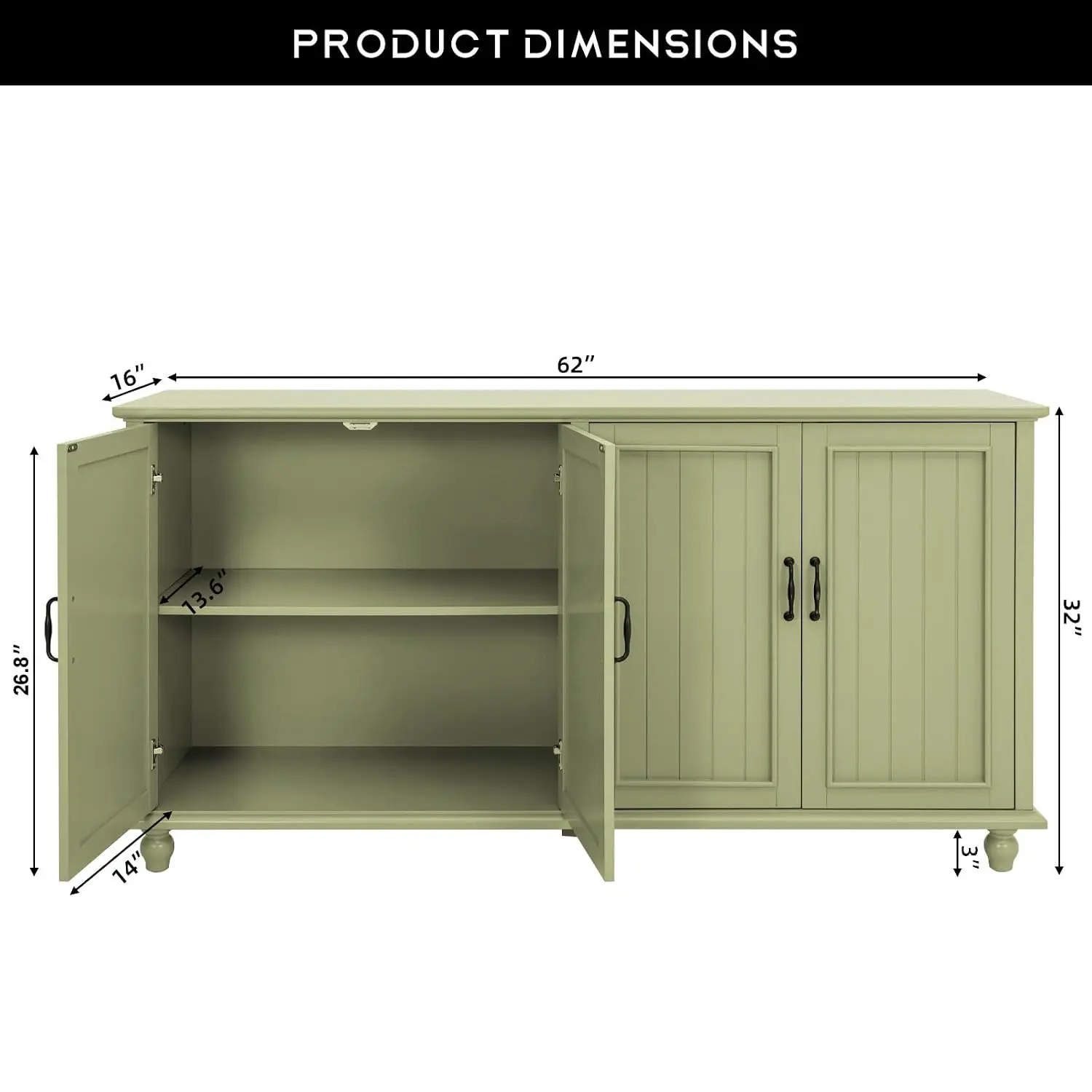 Sideboard Cabinet 4 Doors, Adjustable Shelf, Farmhouse Storage for Dining & Kitchen, 62'' TV Stand, Heavy Duty, Customized