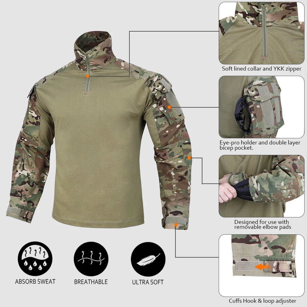 KRYDEX Combat Uniform Suit Tactical Camouflage Shirt & Pants Kit Hunting Outdoor Hiking Clothing Camo MC