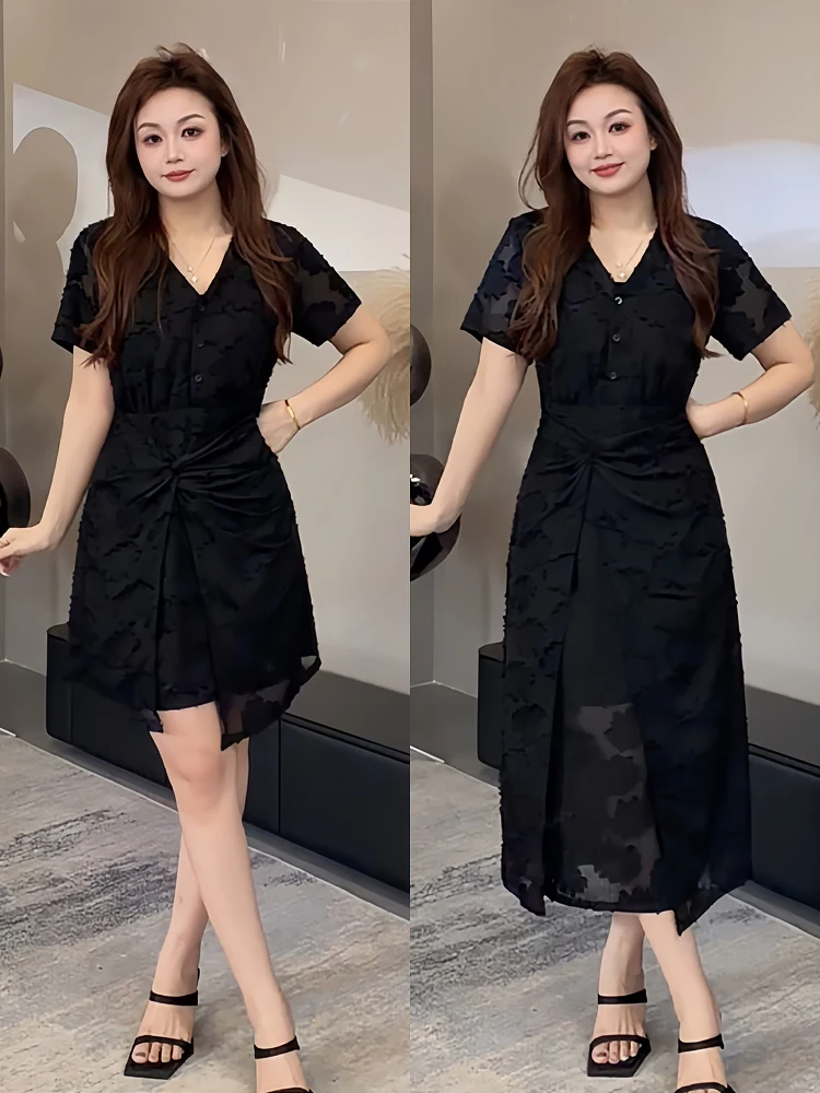 

Summer Floral V-neck Maxi Dress plus Size Knot Waist Slimming Skirt French Style Embroidered High Waist Polyester Fiber Short...