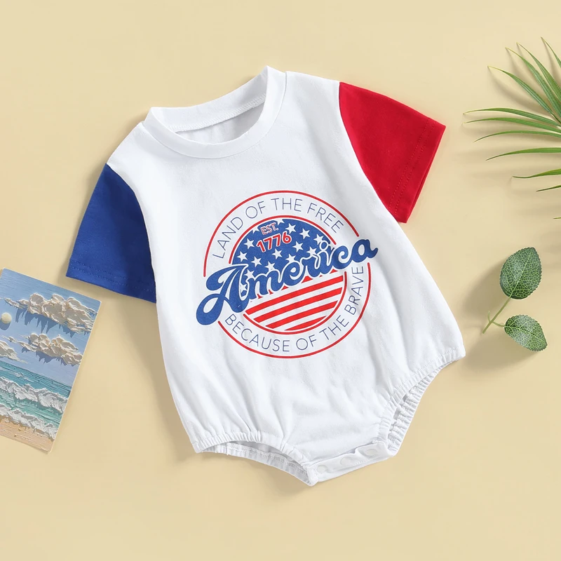 

4th of July Baby Romper Infant Boys Girls American Flag Print Short Sleeve Crew Neck Snap Closure Bodysuits Independence Day