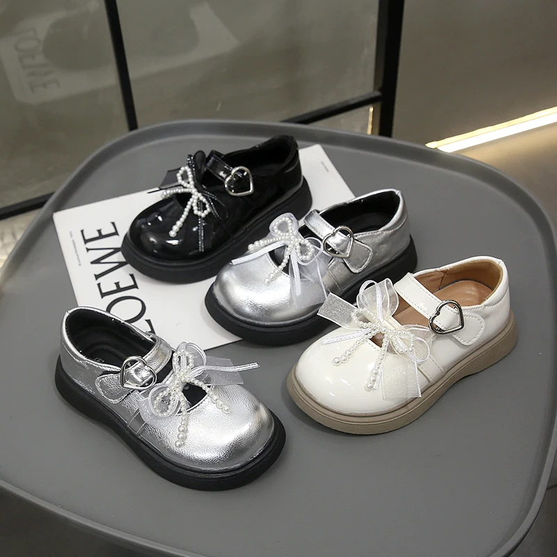 

Little Girls Princess Leather Shoes with Shiny Beaded Bow 2026 New Spring Kids Mary Jane Flats Soft Sole Trendy Chic Party Shoes
