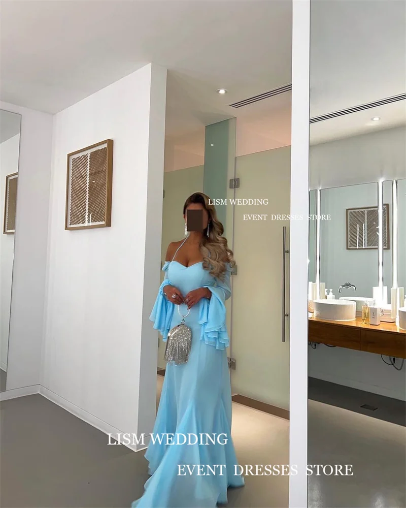 LISM Sky Blue Party Gowns Off The Shoulder Sweetheart Long Flare Sleeves Evening Dresses Saudi Arabia Women Formal Prom Dress