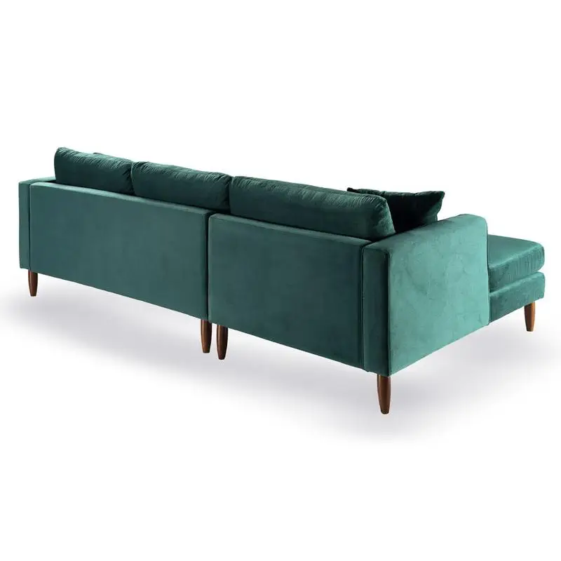 Sofá secional em forma de L de veludo verde escuro, voltado à esquerda