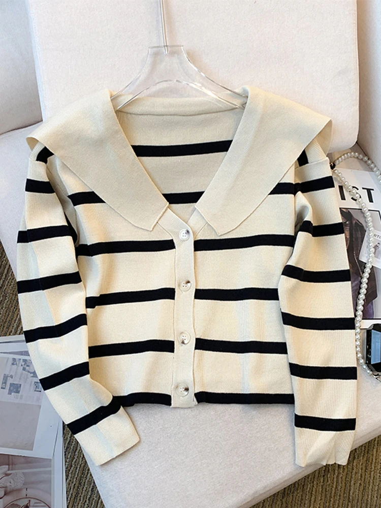 Autumn Winter Woman Korean Vintage Sailor Collar Pullovers Striped Sweater Long Sleeve Pullovers Mori Girl Knitwears Cute Core