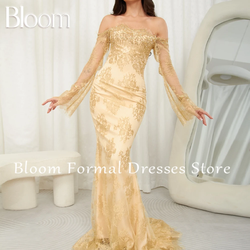 Bloom mangas largas tren de barrido hasta el suelo encaje transparente Hada cremallera trasera lentejuelas elegantes vestidos de noche de fiesta Mujer