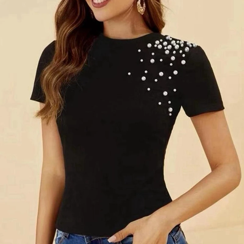 

Round Neck Short Sleeve Ladies T-shirt Fashionable Beaded Temperament Versatile Top Solid Color Slimming Women's Clothing
