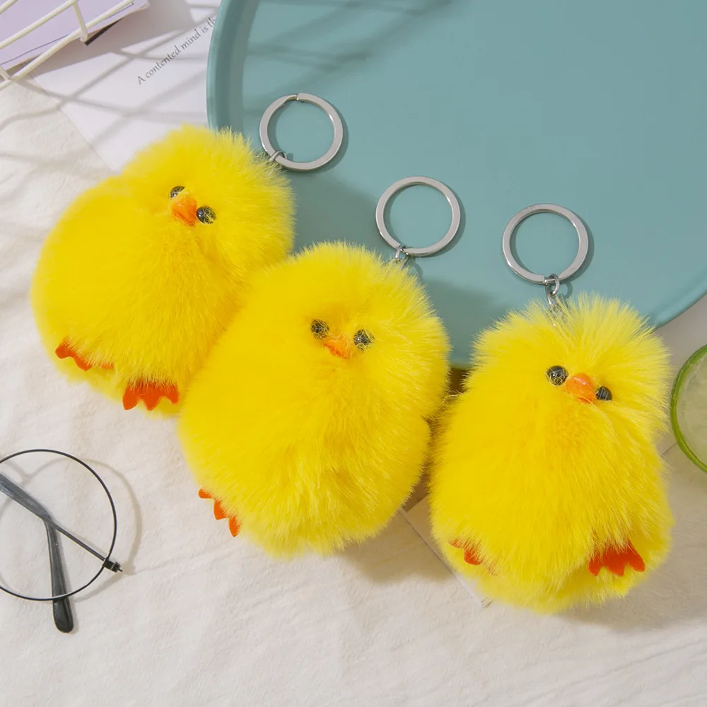 Cute Fluffy Faux Rabbit Fur Yellow Duck Keychain Women Girls Plush Pompon Chicken Chick Key Chain On Bag Car Wedding Party Gifts