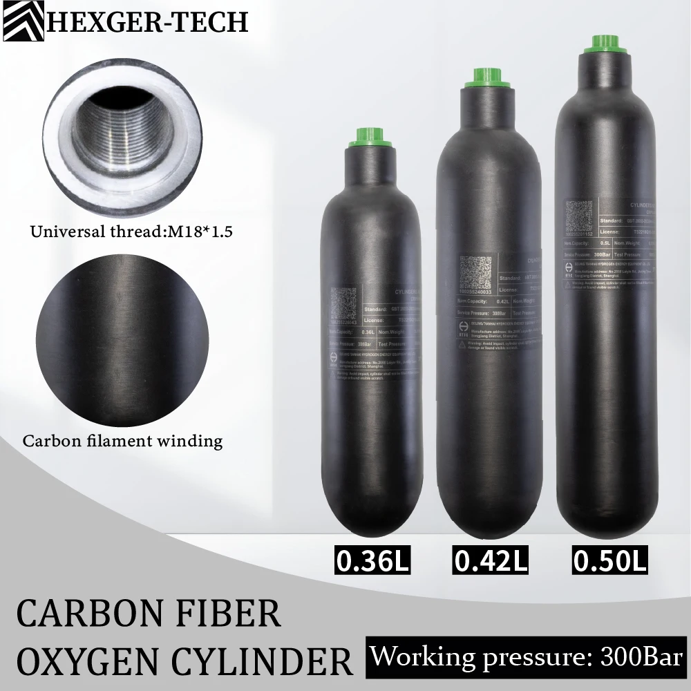 HEXGER  0.36L/0.42L/05L Cilindro De Fibra De Carbono, HPA Tanque De Mergulho, Garrafa De Mergulho, M18 * 1.5, 4500PSI, 300Bar