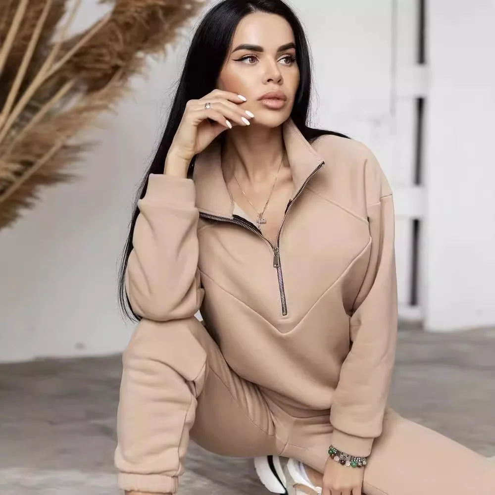 بدلة رياضية نسائية بنصف سحاب للخريف والشتاء بلوفر بأكمام طويلة وبنطلون Disfraz Mujer طقم مكون من قطعتين Conjuntos Femininos