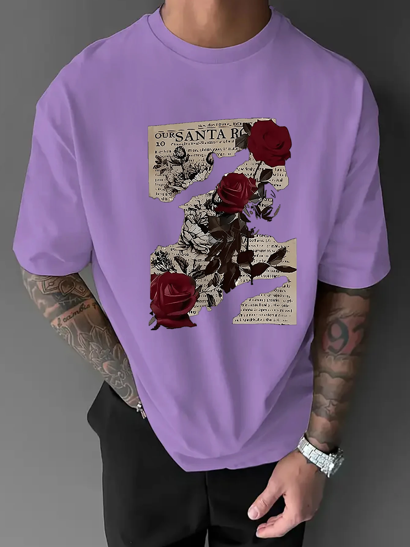 Oversized Men Crew Neck T-Shirt, Vintage Newspaper Red Rose Graphic Print Short Sleeve Tee, Hip Hop Streetwear Casual Top