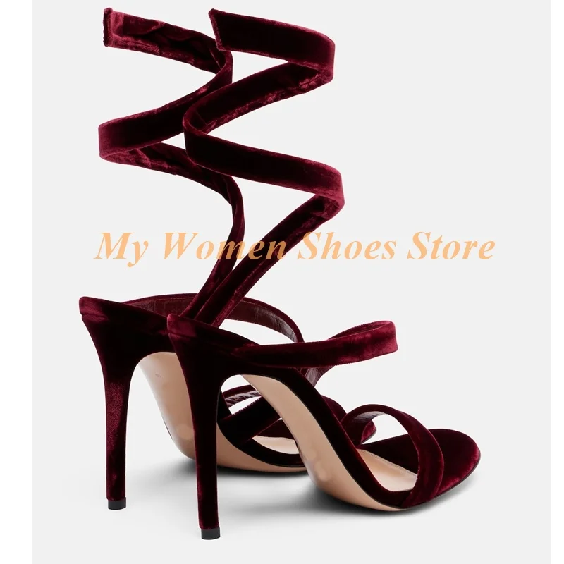 Ankle Entangle Velvet Sandals Burgundy Black Open Toe Stiletto Thin High Heel Runway 2026 Women Hot Sale Dress Shoes