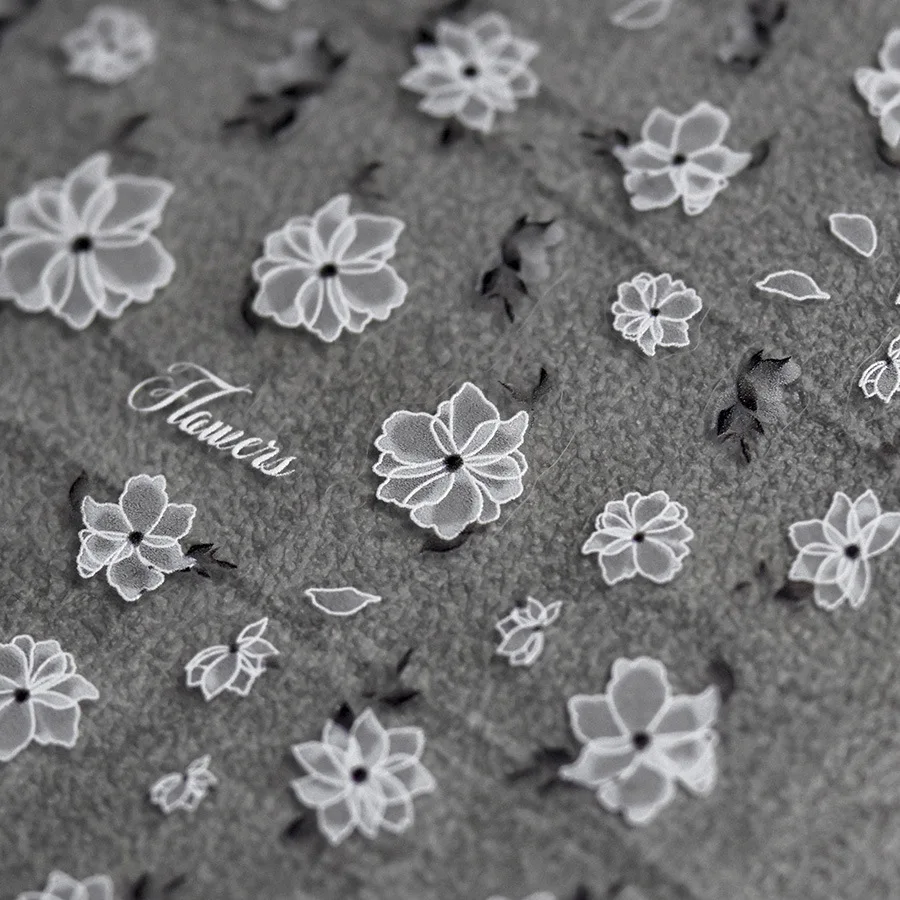 White Translucent Flowers 3D Self Adhesive Nail Art Decorations Stickers Chinese Style 5D Embossed Reliefs Manicure Decals