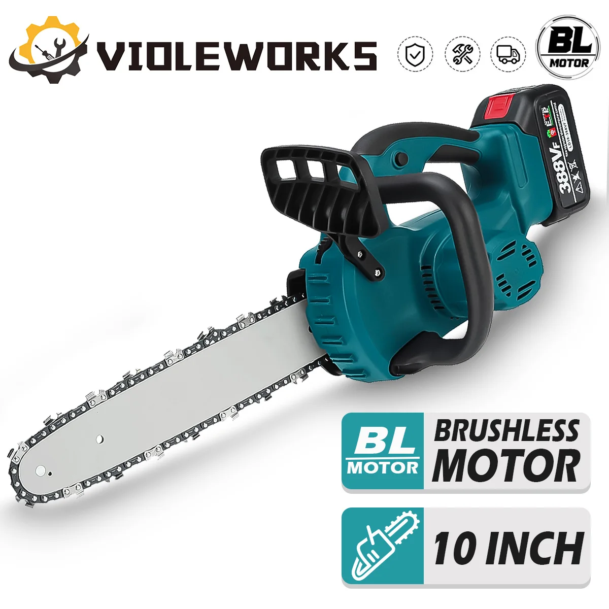 VIOLEWORKS Motosierra eléctrica inalámbrica sin escobillas de 10 pulgadas, sierra de cadena manual, cortador de ramas de árbol de madera, herramienta 
