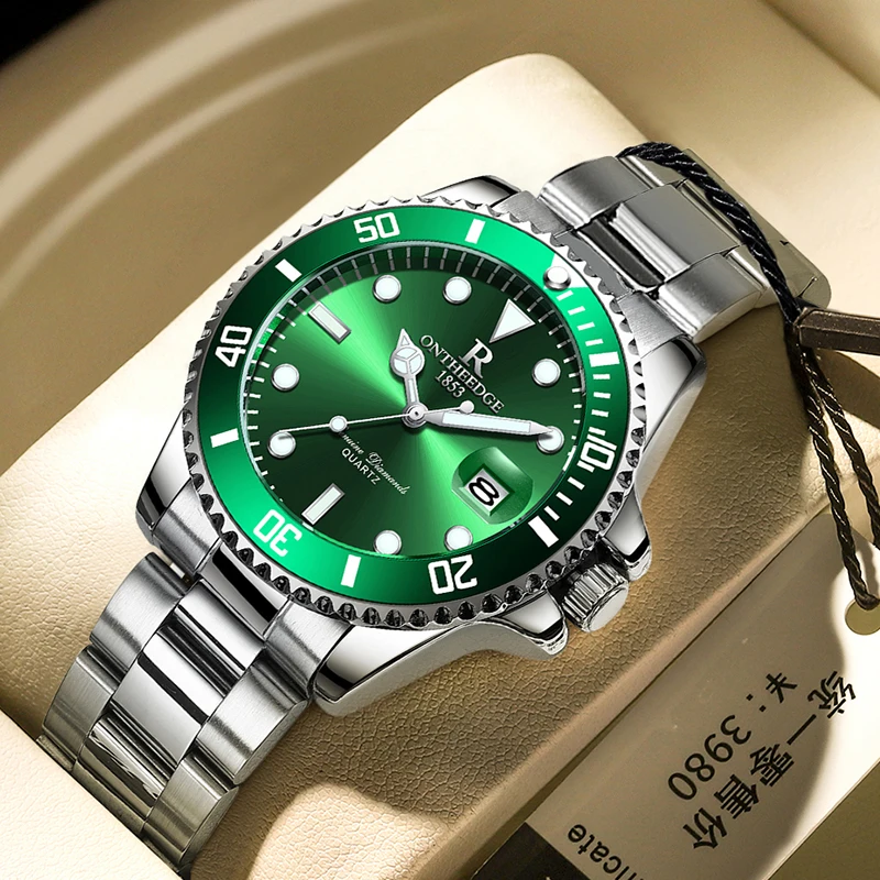 

New Fashion Green Quartz Watch for Men Reloj Hombre Stainless Steel Waterproof Luminous Date Mens Watches Relogio Masculino