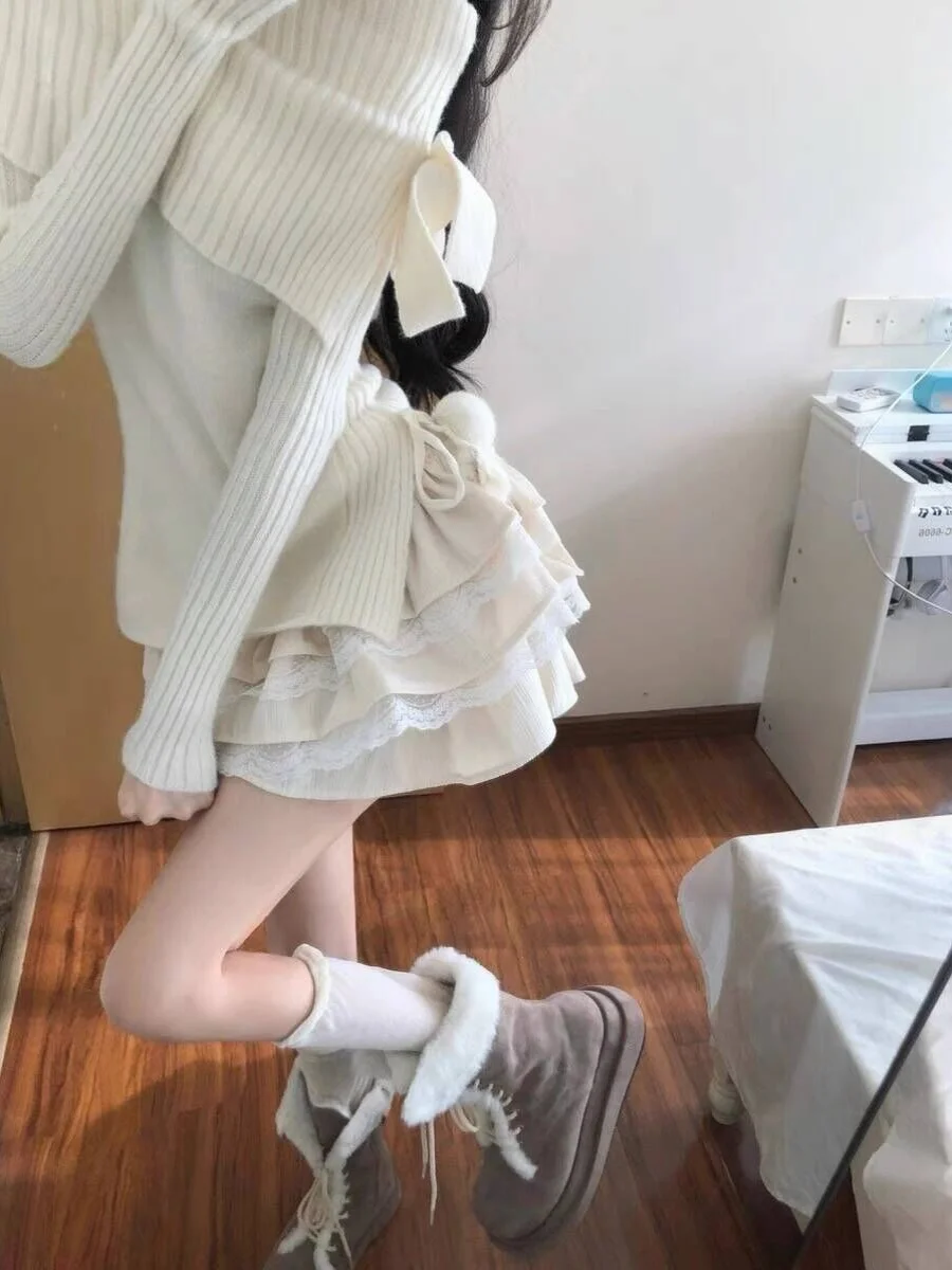 ชุดเซ็ตสองชิ้น ฤดูใบไม้ร่วง ฤดูหนาว ใหม่ล่าสุด เอวสูง สไตล์บริสุทธิ์ กระโปรงทรงเค้ก ดีไซน์หวาน  เสื้อไหมพรมเปิดไหล่ข้างเดียว กระโปรง  เสื้อและกระโปรง