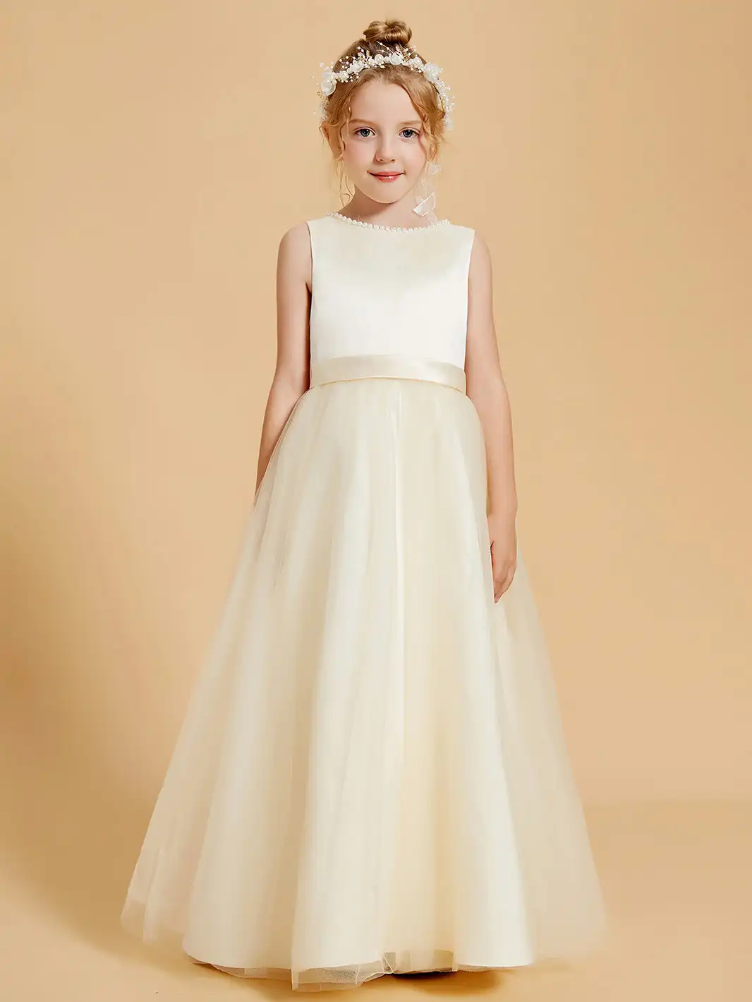 Beaded Beauty Flower Girl Dresses With Tulle Elegance A-Line Floor-length Wedding Dresses Ruched Children Birthday Party Gowns