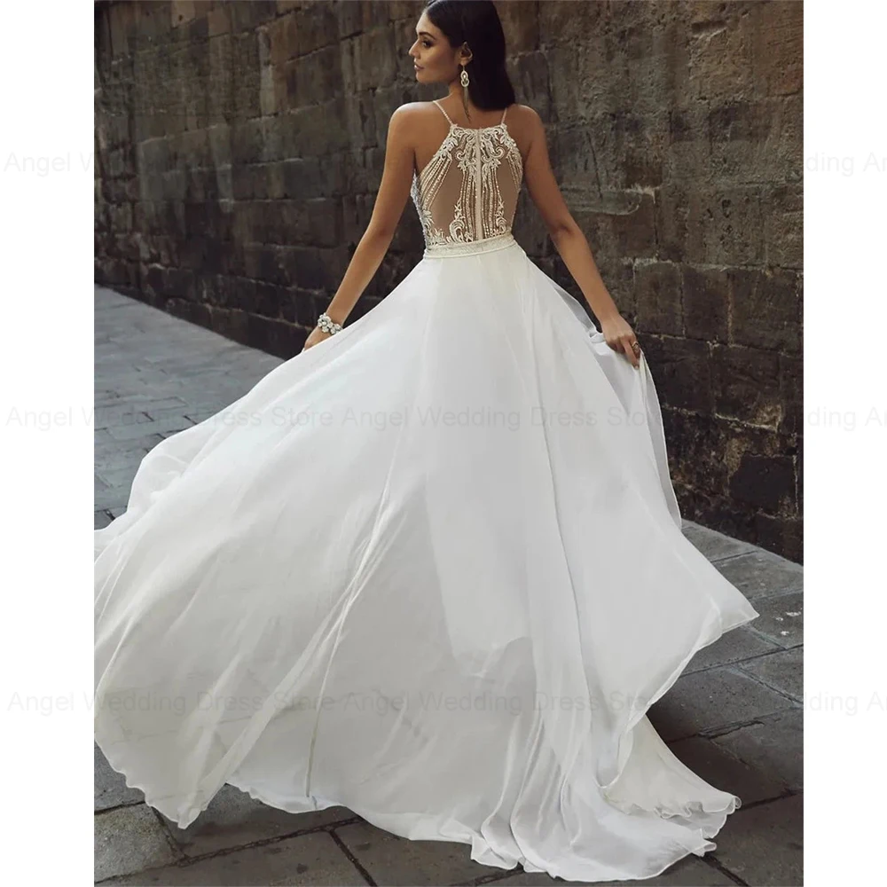 Halter Customized Lace Wedding JumpSuit Princess Sleeveless Backless Chiffon Bridal Gown Detachable Train Beach Bride Dress