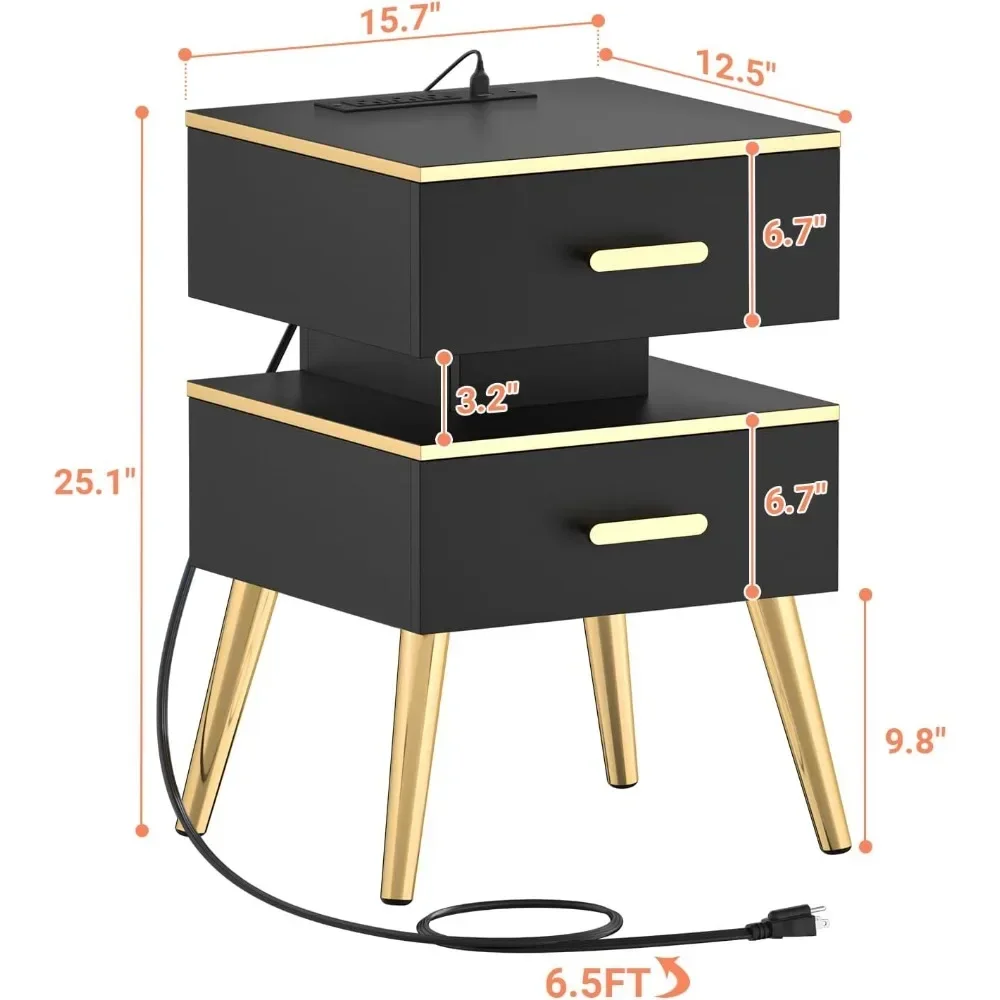 LED Nightstand with Charger Station, 25 Inc Bed Side Table with Drawers for Bedroom and Living Room, Night Stand